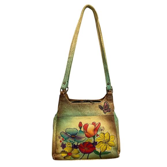 Anuschka Flower Leather 3 Compartment Shoulder Bag Hand-Painted USA